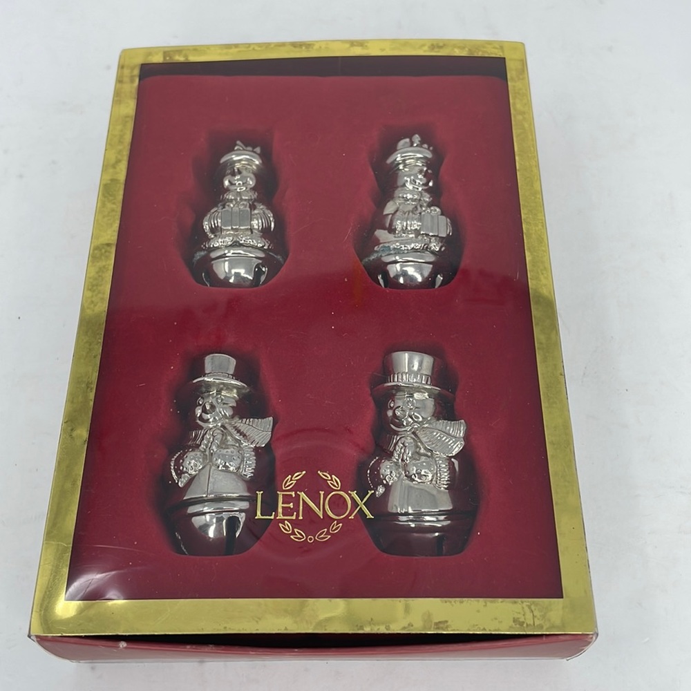 Vintage Lenox Yuletide Metal Serveware Snowman Salt &Pepper Bells set of 2 Pairs